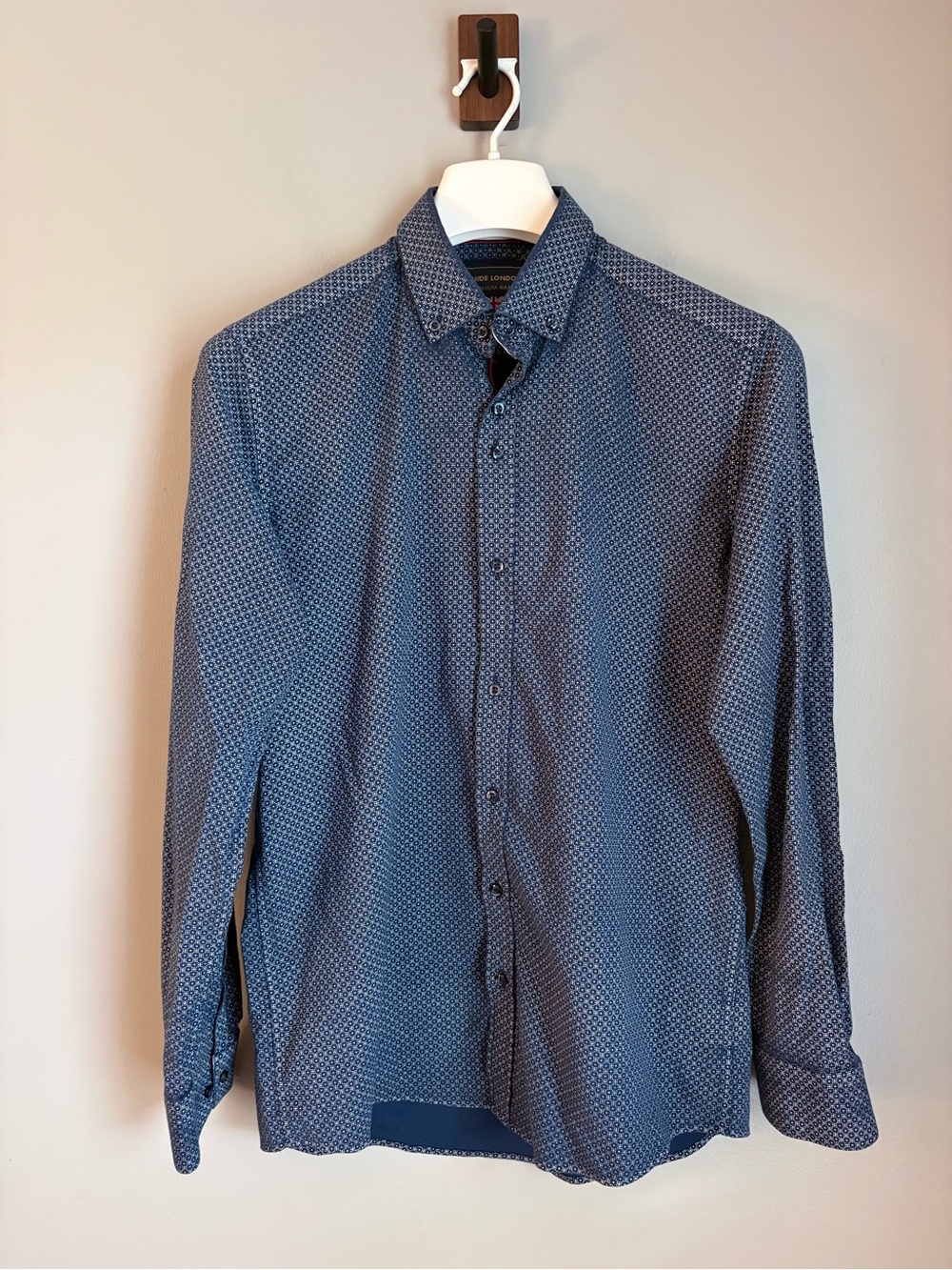 Guide London Geo Micro Print Stretch Shirt M Blue Dark Academia Mod Tailored